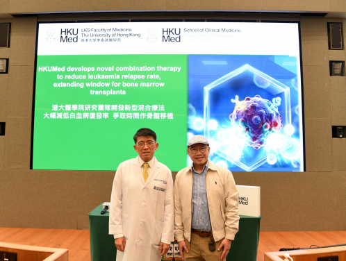 梁如鴻教授（左）表示，QUIZOM混合療法令更多高風險患者適合接受造血幹細胞移植。曾接受此混合療法的司徒先生分享該混合療法有助他重回正常生活。
 